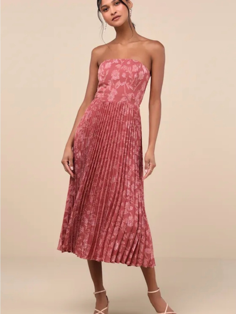 Lulu’s Perfectly Stunning Rusty Rose Jacquard Strapless Midi Dress